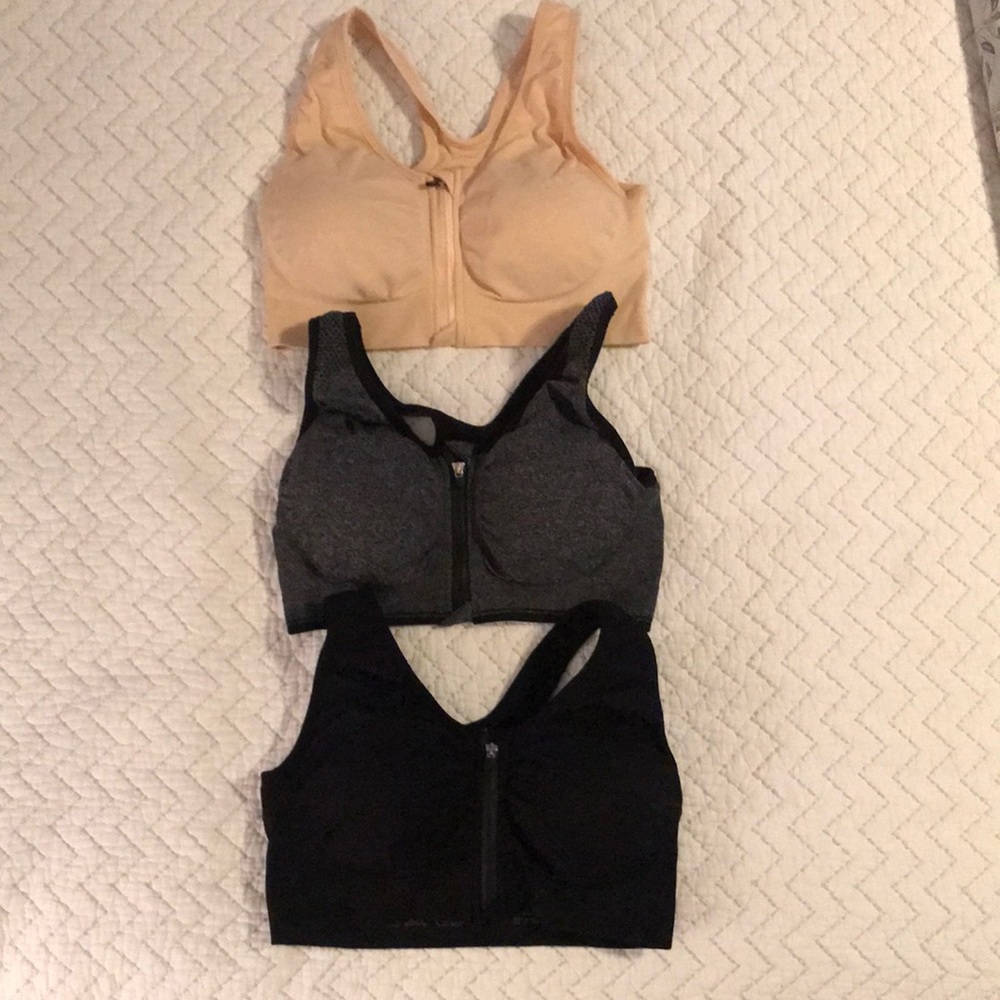 WANAYOU post surgery front closure sports bra, size medium. Gray, black, peach.